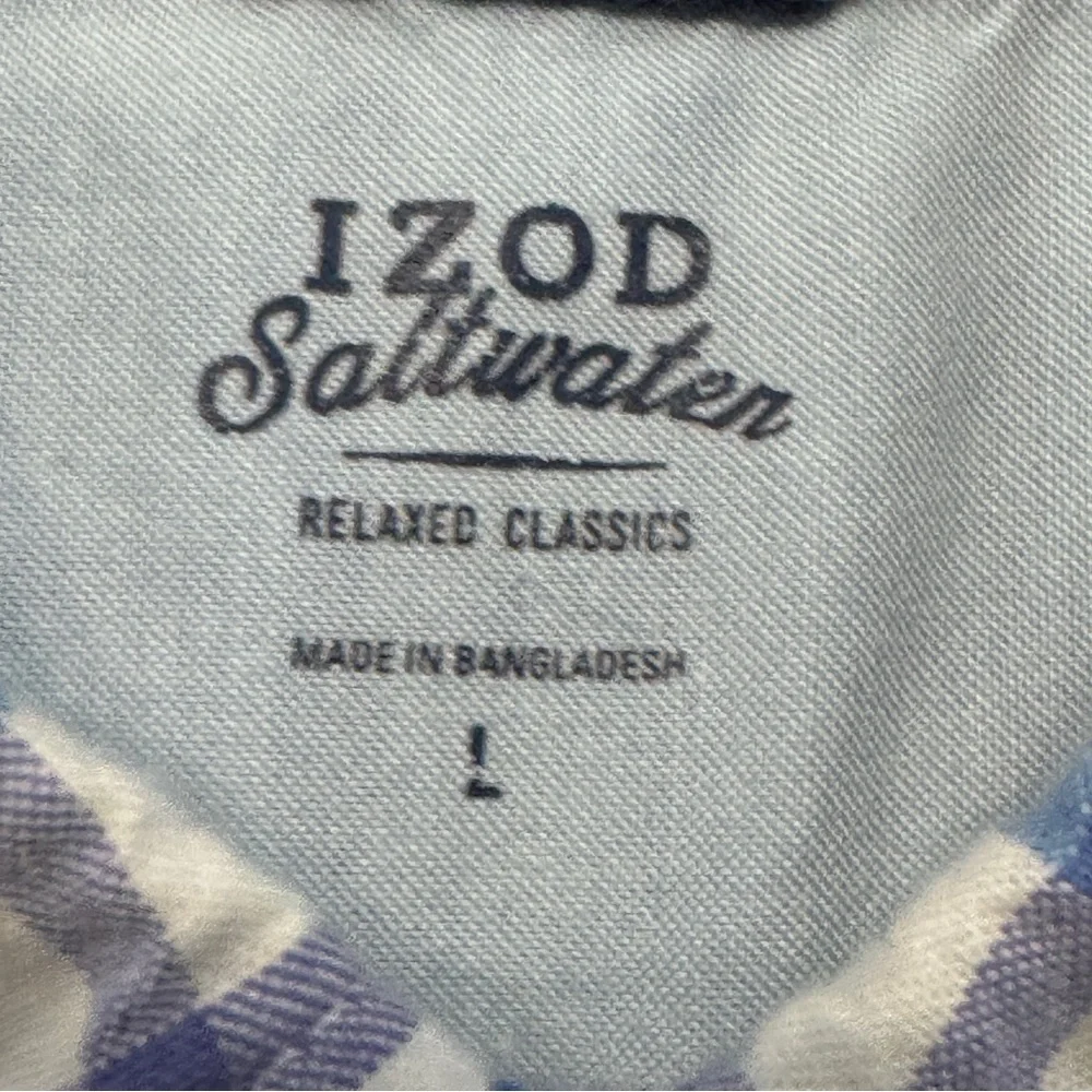 Izod Saltwater Men’s Plaid Shirt Large Blue White Cotton Long Sleeve - Picture 5 of 7